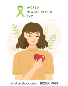 Young female holding her heart with peaceful feeling. Concept of take care yourself, thought management, world mental health day. Giving a love and confidence to yourself. Flat vector illustration.