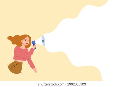 Young Female Holding Megaphone And Speaking Loudly With White Blank Space. Character For Advertising, Announcement, Promotion, Marketing, Banner. Empty Space For Text Message. Flat Vector Illustration