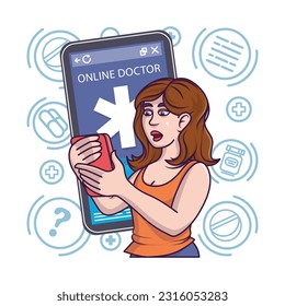 Young female holding mobile phone and getting online medical consultation, search for specialist. Modern healthcare services via Internet. Vector flat illustration in funny cartoon style