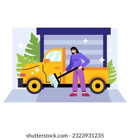 Joven hembra sujetando mopa con detergente y limpiando el transporte amarillo fuera del garaje. Limpieza de vehículos de autoservicio. Ilustración vectorial plana en colores púrpura y amarillo