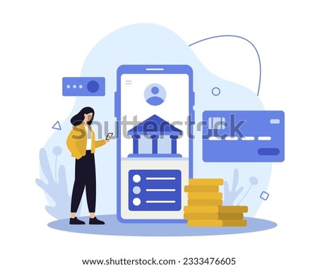 Young female holding smartphone and manage account. Online banking, payment for purchases and services with different gadgets. Financial investments and services concept. Flat vector illustration