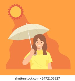 Mujer joven que sostiene el paraguas de la protección UV bajo la luz solar caliente. Concepto de tejido térmico, Clima caliente, verano, prevención de golpes de calor, protección contra quemaduras solares. Carácter de Ilustración vectorial plana.