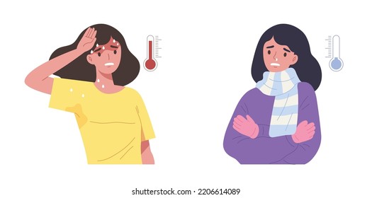 Young female with hot and cold temperatures isolated on white background. Concept of season, climate change, Meteorology thermometers, hot and cold weather. Flat vector illustration character.