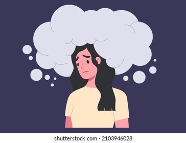 Young female with huge blue cloud above her head with sad face expression. Concept of over thinking, trouble, depression, stressed, metal health illness, emotion. Flat vector illustration character.