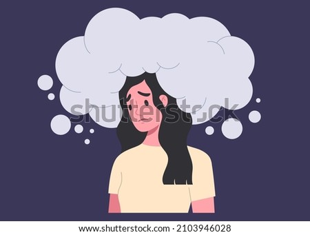 Young female with huge blue cloud above her head with sad face expression. Concept of over thinking, trouble, depression, stressed, metal health illness, emotion. Flat vector illustration character.