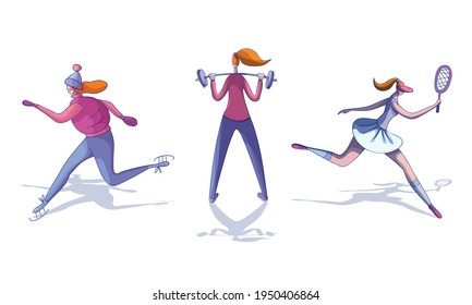 Young Female Ice Skating, Playing Badminton and Lifting Barbell Vector Set