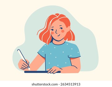 Jovem ilustradora feminina criando arte digital com uma caneta. Conceito de criatividade, pintura digital, educação artística ou profissões criativas
