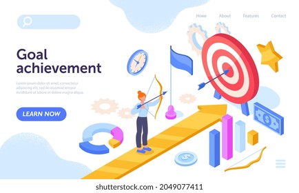 Young female intrepreneur is shooting circular targets with bow and arrows. Goal achievement, business competition. Website, web page, landing page template. Isometric cartoon vector illustration