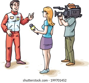 The Young Female Journalist And The Camera Operator Are Filming An Interview With The Glad Racer Wearing In A Red Sports Team Uniform.