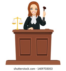 Young female judge character with gavel hammer