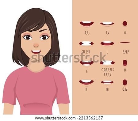 young female lip sync. Lip sync collection for animation. female mouth animation. Phoneme mouth chart. Alphabet pronunciation. Vector illustration.