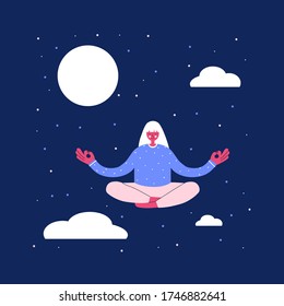 A Young Female With Long Hair Wearing Payamas Listening To A Guided Meditation On Her Phone And Meditating Before Sleep.Clouds And Moon And Stars