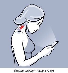 Young female lowing her head to use smartphone. Bad posture that cause of neck pain. Concept of back bone and muscle pain, health problem, bad habit, cause of headache. Flat vector illustration.