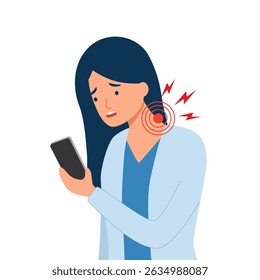 Young female lowing her head to use smartphone. Bad posture that cause of neck pain. Concept of back bone and muscle pain, health problem, bad habit, cause of headache.