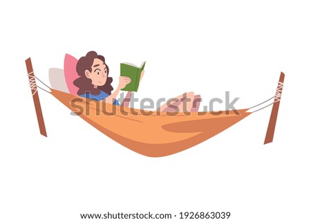 Young Female Lying in Hammock and Reading Book Vector Illustration