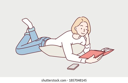 Young female lying on a floor and reading a book. Hand drawn style vector design illustrations.