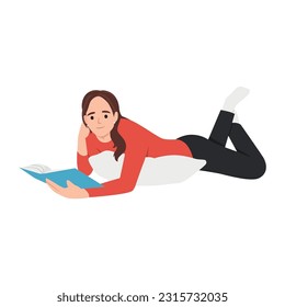 Young female lying on a floor and reading a book.  Flat vector illustration isolated on white background