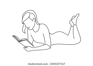 Mujer joven acostada en un piso y leyendo un libro Una línea de Ilustración vectorial de arte de línea continua sobre fondo blanco