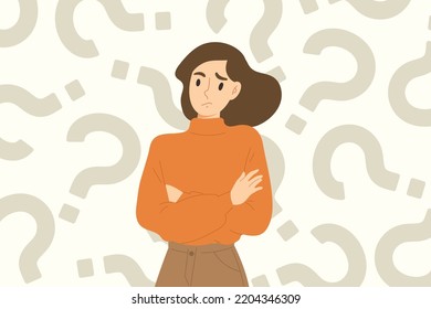 Joven mujer haciendo un rostro curioso en el fondo del signo de interrogación. Concepto de curiosidad, preguntas y respuestas, preguntas, expresiones de duda, pensamiento, negocios. Caricatura de ilustración de vector plano.