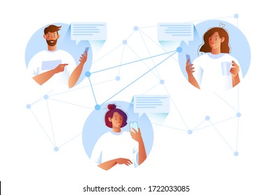 Young female and male characters communicating online via smartphones. Group chat and teamwork concept in flat style. Social media vector illustration with millennials in white t-shirts.