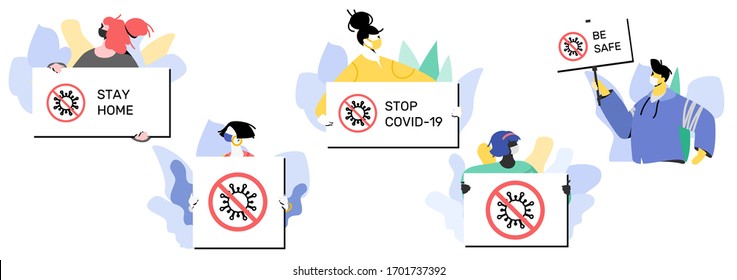 Young female and male characters in masks with COVID-19 posters. Anti-coronavirus demonstration, self-isolation appeal, solidarity and prevention call. Vector scalable illustration template.
