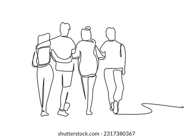 young female male people team teamwork students hugging walking outside posing happy line art