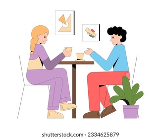 Young female and male sitting in restaurant and talking, resting after work. Couple chatting at kitchen table over coffee. Friendly communication concept. Colorful flat vector illustration
