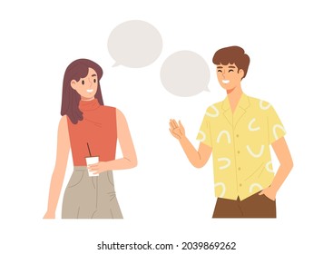 Young Female And Male Are Taking With Blank Speech Bubbles. Small Talk. Greeting. Concept Of Conversation, Chatting, Dialogues Between Characters. Flat Vector Illustration Character.