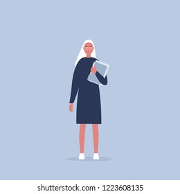 Young female manager holding a folder. Office life. Daily routine. Millennials at work. Flat editable vector illustration, clip art