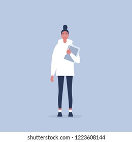 Young female manager holding a folder. Office life. Daily routine. Millennials at work. Flat editable vector illustration, clip art