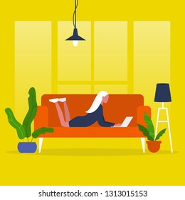 Young female manager lying on a sofa with a laptop. Modern office. Freelance. Daily routine. Millennial lifestyle. Flat editable vector illustration, clip art