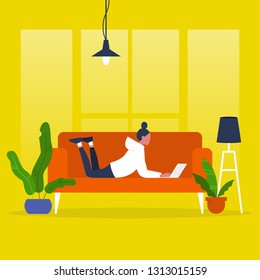 Young female manager lying on a sofa with a laptop. Modern office. Freelance. Daily routine. Millennial lifestyle. Flat editable vector illustration, clip art