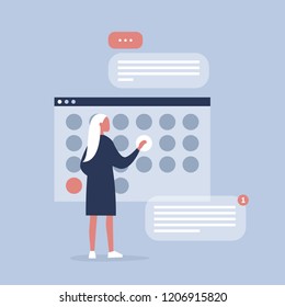 Young female manager planning the project in digital calendar. Organising the working process. Deadlines. Office life. Flat editable vector illustration, clip art