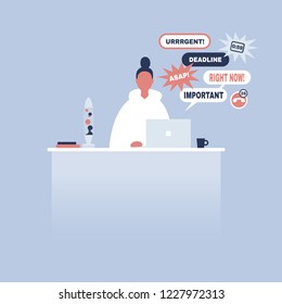 Young female manager receiving a bunch of notifications on the laptop messenger. Troubleshooting. Deadlines and urgent tasks. Business situation. Flat editable vector illustration, clip art