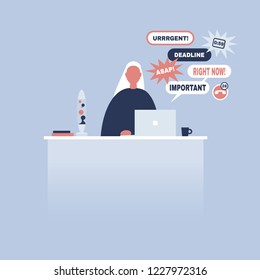 Young female manager receiving a bunch of notifications on the laptop messenger. Troubleshooting. Deadlines and urgent tasks. Business situation. Flat editable vector illustration, clip art