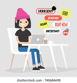 Young female manager receiving a bunch of notifications on the laptop messenger. Troubleshooting. Deadlines and urgent tasks. Business situation. Flat editable vector illustration, clip art