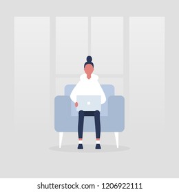 Young female manager sitting in a chair with the laptop. Freelancer. Modern office. Lifestyle. Flat editable vector illustration, clip art