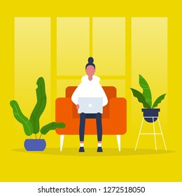 Young female manager sitting in a chair with the laptop. Freelancer. Modern office. Lifestyle. Flat editable vector illustration, clip art