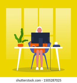 Young female manager sitting in front of the monitor. Modern office. Millennials at work. Business process. Flat editable vector illustration, clip art