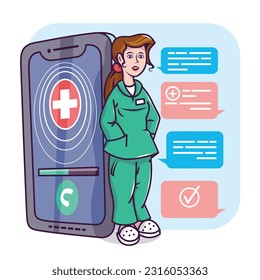 Young female in medical clothes standing near big smartphone, chatting with patient. Providing healthcare support via Internet. Professional online medicine. Vector flat illustration in blue colors