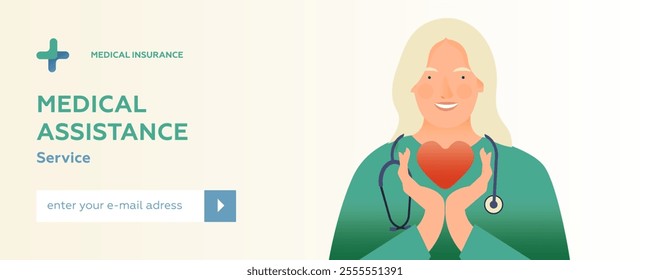 Young Female Medical Specialist Hold Red Heart on Abstract Background. Cardiology Concept. Modern Flat Vector Illustration. Landing Page Design Template. Website Banner.