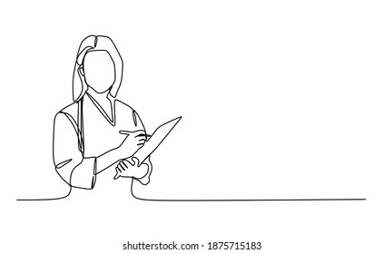 Young female medical staff taking a note. Continuous one line drawing