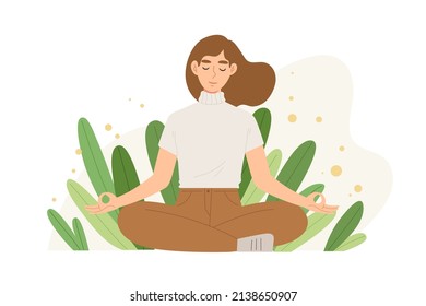 Young female is meditating with peaceful mind. Concept of meditation, peace, resting, relaxation, mindfulness, mental health, healing, practicing. Flat vector illustration character.