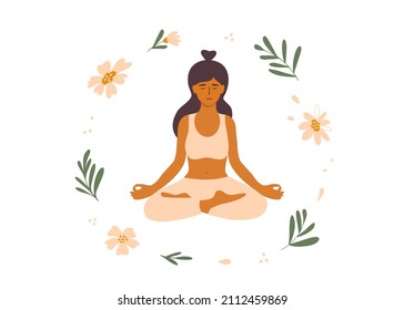 Young female meditating sitting lotus pose. Mindfulness meditation or practice, inner harmony, balance mind, body, soul. Woman among flowers and leaves. Self care, zen yoga, relax vector illustration