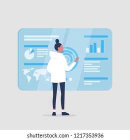 Young female millennial character monitoring a blue transparent futuristic screen. Conceptual future technologies / flat editable vector illustration, clip art