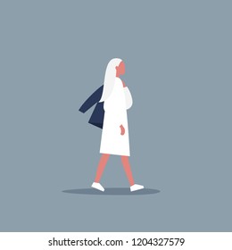 Young female modern character walking with jacket over shoulder. Lifestyle. Flat editable vector illustration, clip art