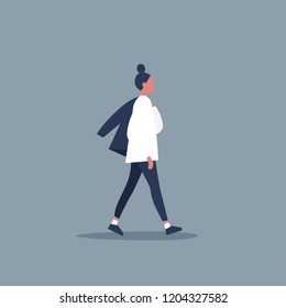 Young female modern character walking with jacket over shoulder. Lifestyle. Flat editable vector illustration, clip art