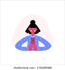 Young female namaste hand pose. Flat vector character illustration in prayer pose for a mindfulness app or online course