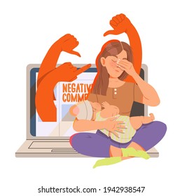 Young Female with Newborn Baby as Victim of Cyberbullying Suffering from Violence and Hatred from Social Media Vector Illustration