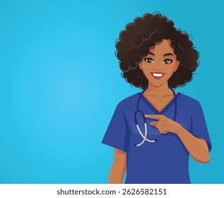 Young female nurse or doctor pointing at something. Vector illustration on blue background